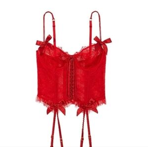 NWT Victoria’s Secret red lace corset bustier with bow details and garter Clips